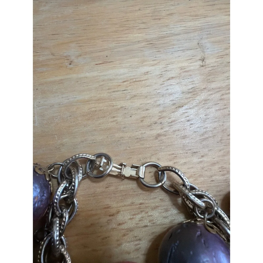 Chunky Silver Tone Charm Bracelet Purple Filigree Beads Wood Geometric Circles